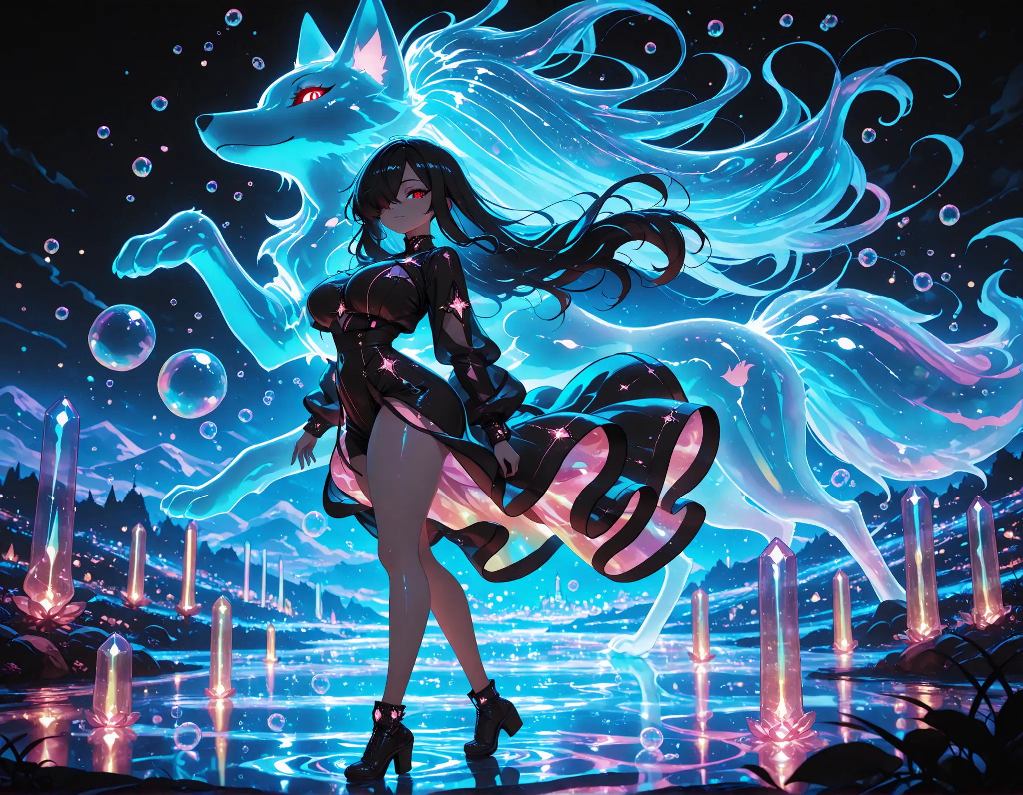 1girl, Kuroki Monika, black hair, very long hair, hair over right eye, red eyes, large breasts, petite, curvy, very cute Black color fashion outfit, Black Mantle,
walking,((( floating clothes,floating hair))),looking at viewer, from side, wind, night,
,(...