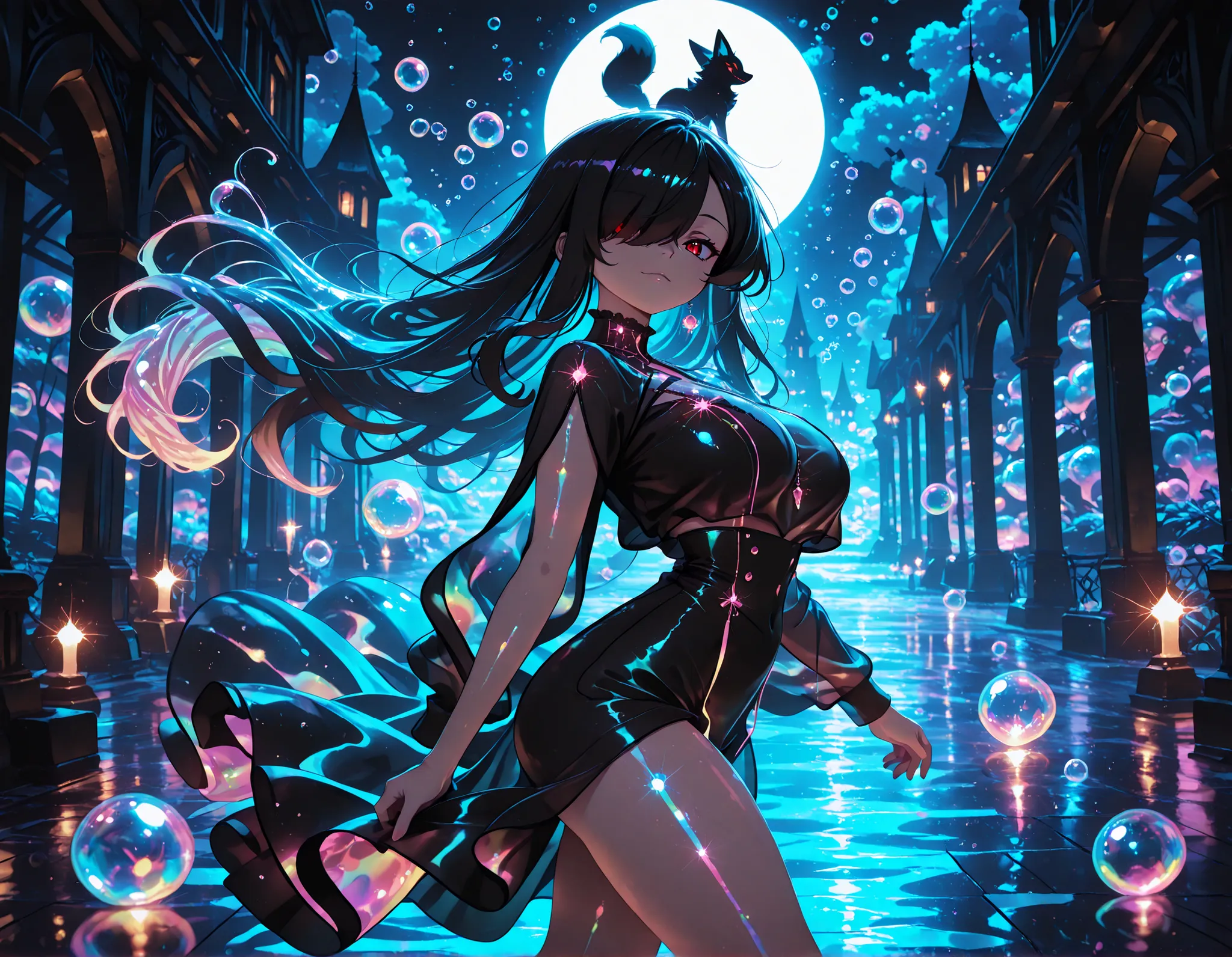 1girl, Kuroki Monika, black hair, very long hair, hair over right eye, red eyes, large breasts, petite, curvy, very cute Black color fashion outfit, Black Mantle,
walking,((( floating clothes,floating hair))),looking at viewer, from side, wind, night,
,(...