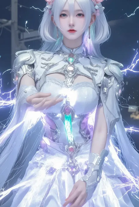 ultra-realistic, photorealistic, dramatic scene, shadow, global-illumination, solo, perfect anatomy, perfect fingers, (age Japanese famous idol girl but cyborg), very beautiful with very cute face, detailed face skin texture, (modern maid but futuristic cy...
