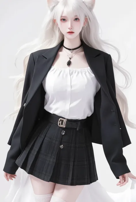 ((Solo))), ((Simple white background)), 1girl, adult, (Fox ears), (Beautiful), (Emotionless), (Indifferent), (Cold soulless look), (Calm), very big breast, Sexy little chubby thighs, Very narrow waist, (Perfect and ideal straight female body), White hair, ...