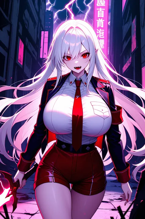 long white hair, vampire, red eyes, uniform, white shirt, tie, red shorts, holding glowing sword, 1girl, solo, vampire fangs, huge breasts, ruined futuristic city, dystopia, lightning storm, pink lighting, volumetric lighting, cinematic lighting, masterpi...