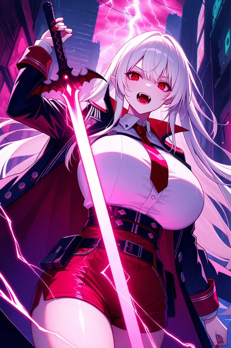 long white hair, vampire, red eyes, uniform, white shirt, tie, red shorts, holding glowing sword, 1girl, solo, vampire fangs, huge breasts, ruined futuristic city, dystopia, lightning storm, pink lighting, volumetric lighting, cinematic lighting, masterpi...
