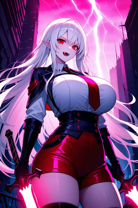 long white hair, vampire, red eyes, uniform, white shirt, tie, red shorts, holding glowing sword, 1girl, solo, vampire fangs, huge breasts, ruined futuristic city, dystopia, lightning storm, pink lighting, volumetric lighting, cinematic lighting, masterpi...