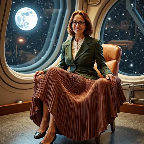 A tender therapist sits in her starship office, surrounded by a galaxy's canvas through floor-to-ceiling windows. Her flowing pleated skirt elegantly drapes around her legs as she dons a uniform jacket over a blouse. Modest low-heeled shoes and glasses com...