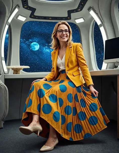 A tender therapist sits in her starship office, surrounded by a galaxy's canvas through floor-to-ceiling windows. Her flowing pleated skirt elegantly drapes around her legs as she dons a uniform jacket over a blouse. Modest low-heeled shoes and glasses com...