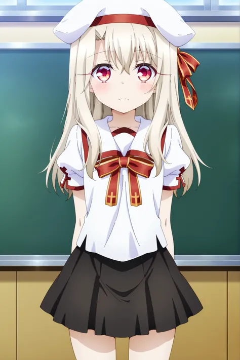 masterpiece, best quality, amazing quality, absurdres, highres,(anime screencap:1.4),solo, 1girl,illyasviel_von_einzbern , red eyes, long hair,homurahara academy school uniform, white shirt, short sleeves, red ribbon, pleated skirt, white beret,classroom 