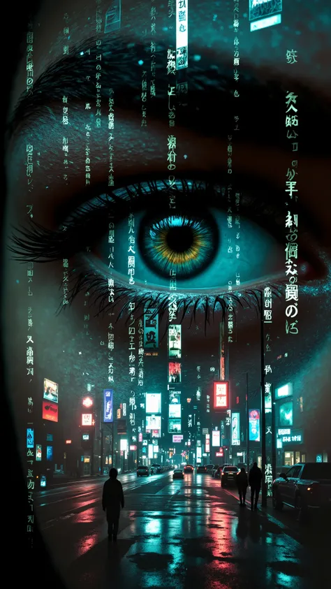 Complex double exposure of high quality. A person's eye, superimposed on a bustling cyberpunk city street, inspired by Yuumei, Ash Thorp, and Simon Stalenhag, with intricate double exposure art, multiple textures, and glowing holographic elements, in a tec...