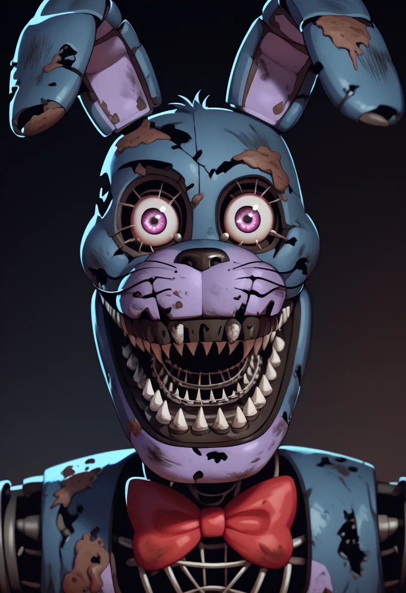 Bonnie's nightmare, Cortex, dirty, evil smile, looks at the viewer,   scary  (the subject), Dark Web style, scary 