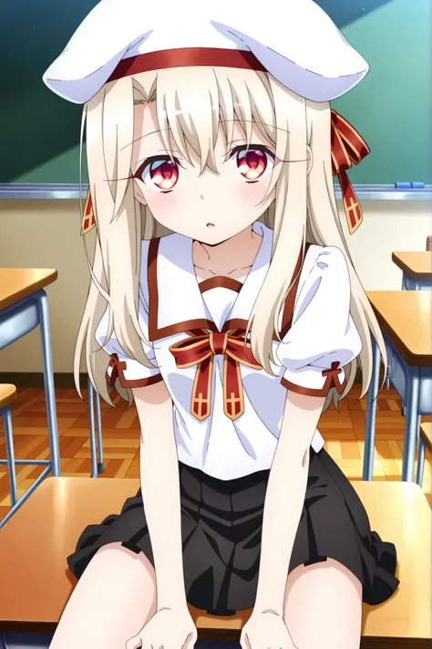 masterpiece, best quality, amazing quality, absurdres, highres,(anime screencap:1.4),solo, 1girl,illyasviel_von_einzbern , red eyes, long hair,homurahara academy school uniform, white shirt, short sleeves, red ribbon, pleated skirt, white beret,classroom ,...