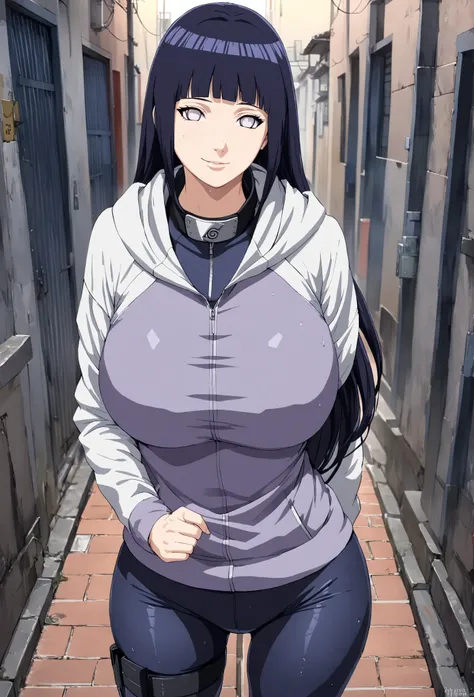1girl, Hinata Hyuga, long hair, blunt bangs, dark blue hair, white eyes,  konohagakure symbol, purple and white hooded jacket, huge breasts, big butt, tight leggings, sweaty butt, sweaty leggings, smelly butt holster post-workout, hoodie, zipper, seductive...