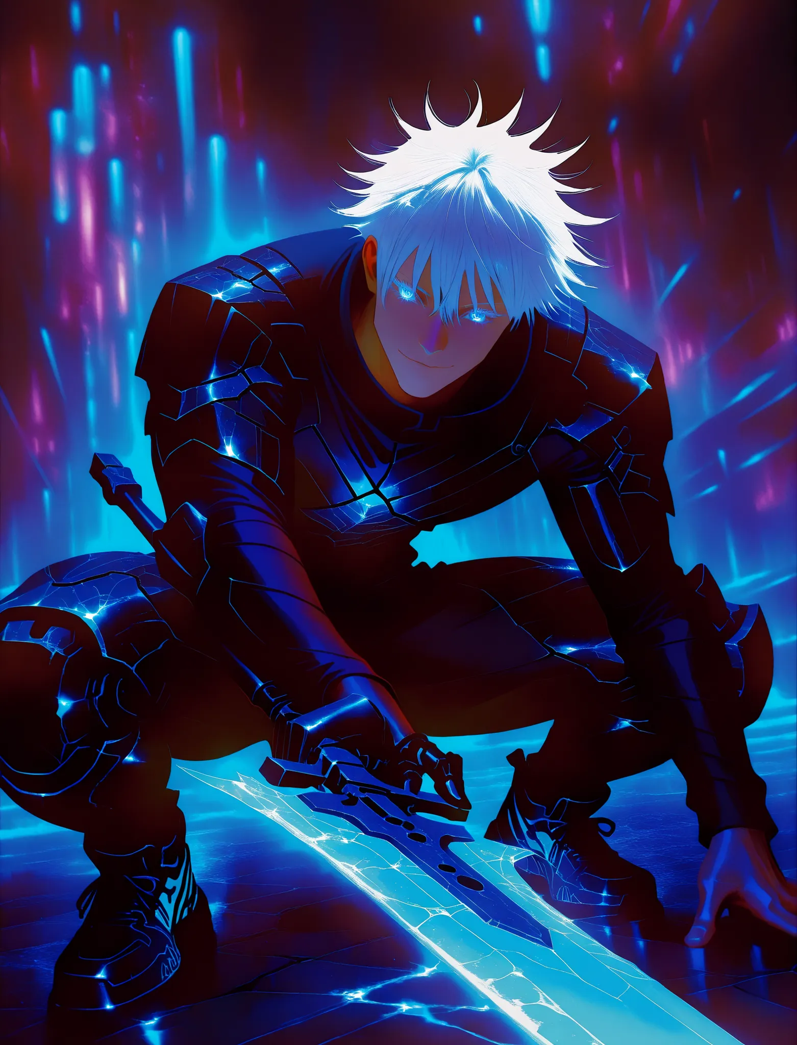 1man, adult, male focus, gojou satoru, jujutsu kaisen, white hair, short hair, ((hair between eyes)), colored eyelashes, white eyelashes, blue eyes, intricate eye iris, detailed eyes, muscular male, sexy man, handsome man, handsome face,
, darkness, dim li...