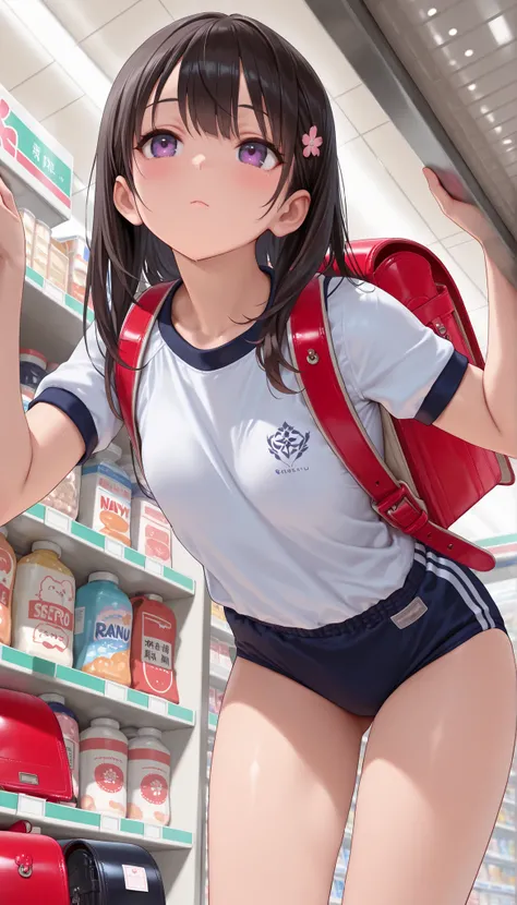 (masterpiece:1.2), 8k Resolution, high resolution, (1 cute girl), wearing navy buruma and short sleeve (white gym uniform with colored hem:1.0) and carrying (randoseru backpack:1.5), from front, beautiful girl leaning forward, Beautiful skin, Radiant Skin,...