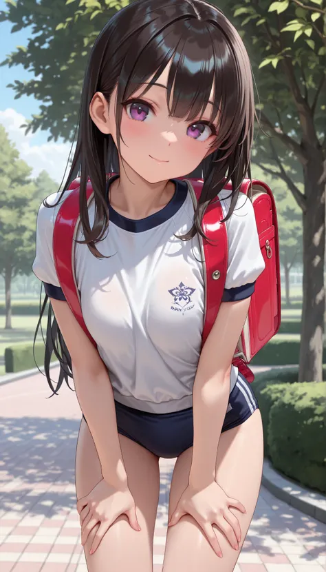 (masterpiece:1.2), 8k Resolution, high resolution, (1 cute girl), wearing navy buruma and short sleeve (white gym uniform with colored hem:1.0) and carrying (randoseru backpack:1.5), from front, beautiful girl leaning forward, Beautiful skin, Radiant Skin,...