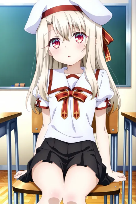 masterpiece, best quality, amazing quality, absurdres, highres,(anime screencap:1.4),solo, 1girl,illyasviel_von_einzbern , red eyes, long hair,homurahara academy school uniform, white shirt, short sleeves, red ribbon, pleated skirt, white beret,classroom ,...