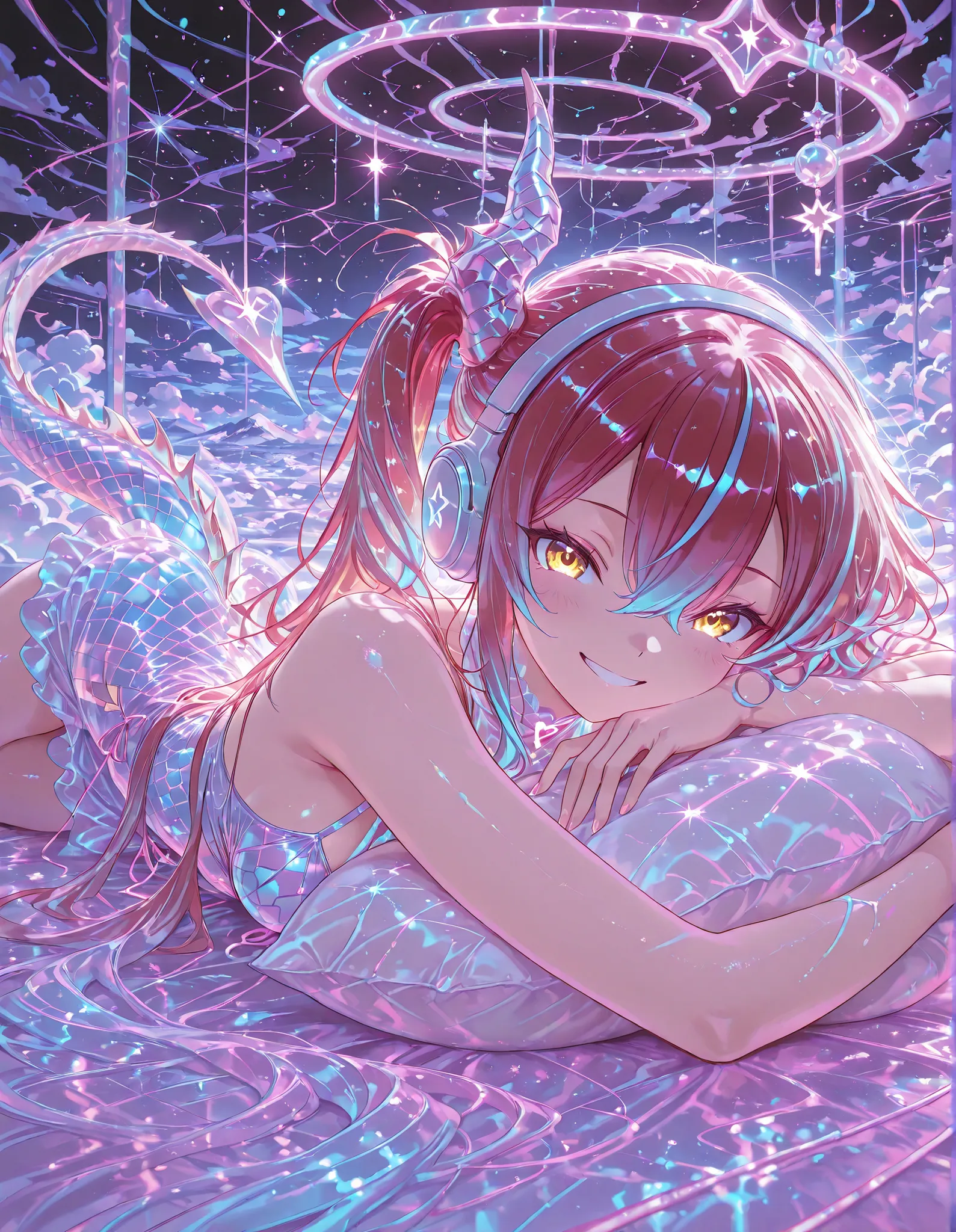 1girl, golden eyes, red hair, very long hair, straight hair, long sidelocks, hair between eyes, medium large breasts, petite, very cute, cool, handsome, adult, sexy, beautiful, (side ponytail), multicolored hair, blue highlights, cute eyes, headphones, bar...