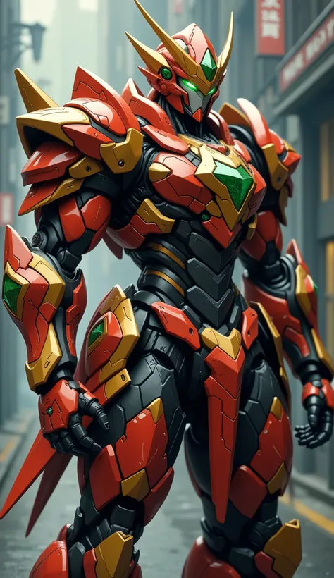 (masterpiece:1.5, best quality:1.5, extremely delicate:1.5), ((male:1.5)), Biomimetic humanoid Mecha, green eyes, fully enclosed shoulder guards, matching arm and leg guards, gemstone, full body, full armor, the design balances heavy with agility, organic ...