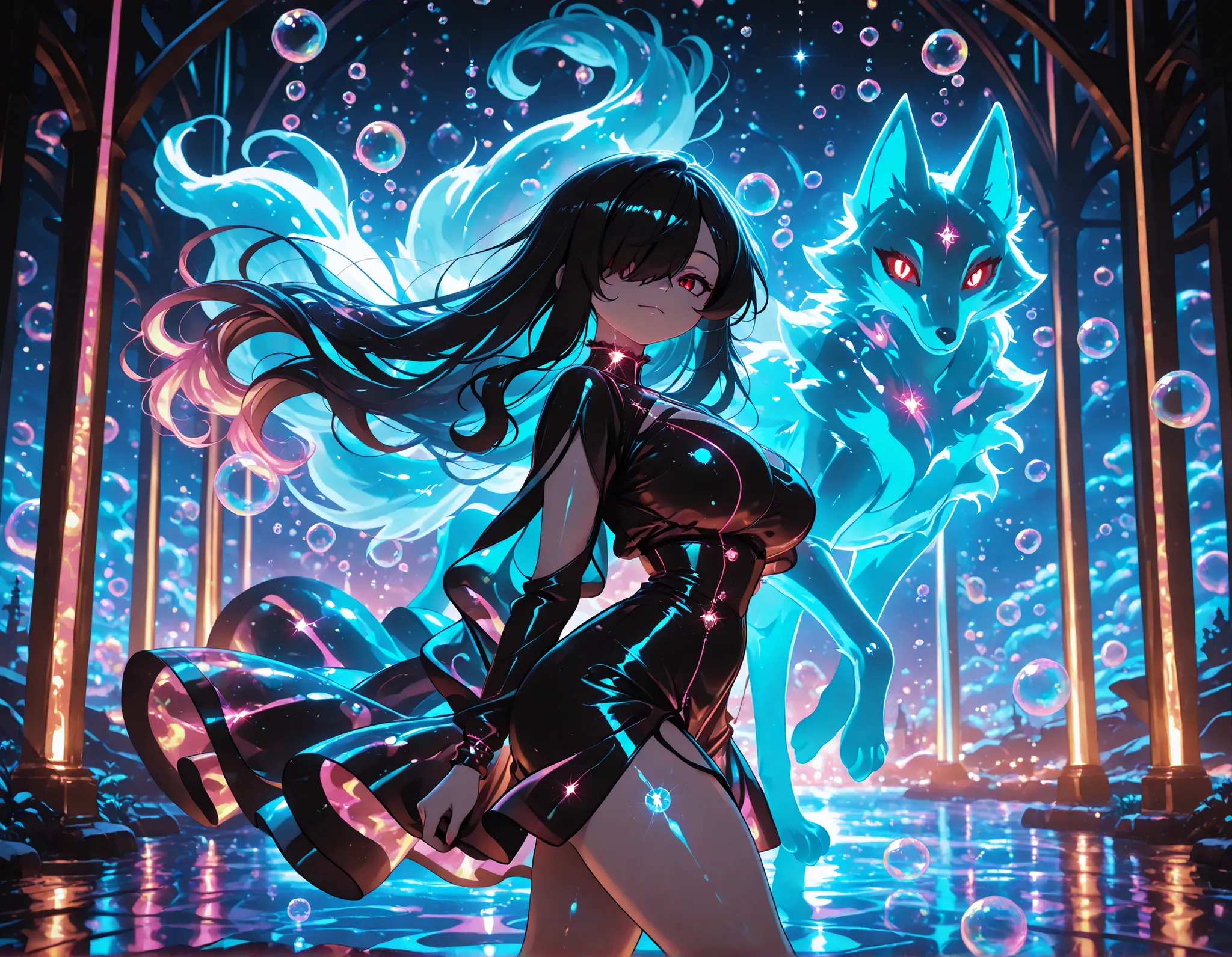 1girl, Kuroki Monika, black hair, very long hair, hair over right eye, red eyes, large breasts, petite, curvy, very cute Black color fashion outfit, Black Mantle,
walking,((( floating clothes,floating hair))),looking at viewer, from side, wind, night,
,(...