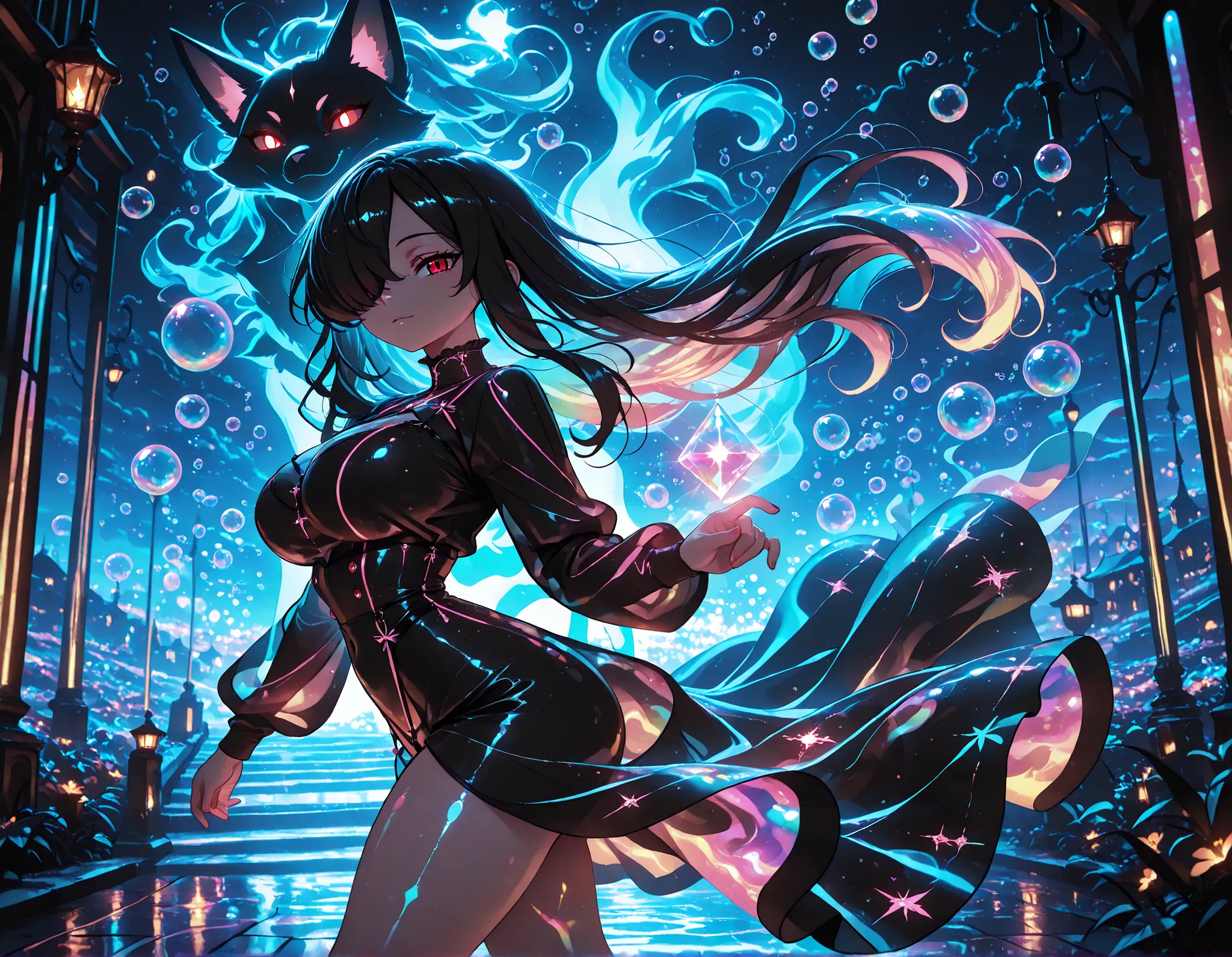 1girl, Kuroki Monika, black hair, very long hair, hair over right eye, red eyes, large breasts, petite, curvy, very cute Black color fashion outfit, Black Mantle,
walking,((( floating clothes,floating hair))),looking at viewer, from side, wind, night,
,(...