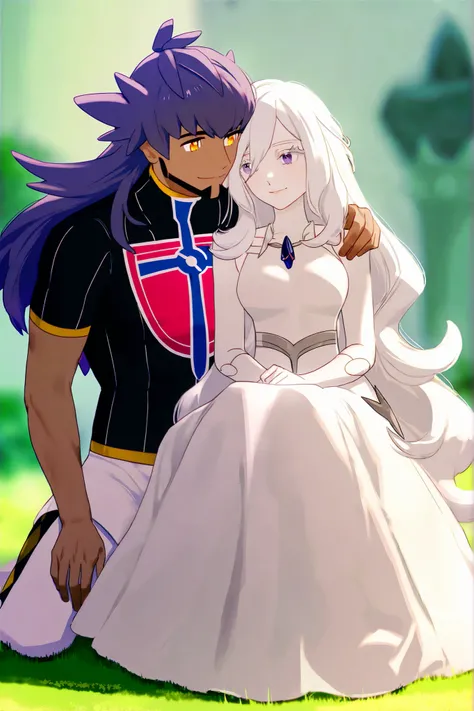 **Pokemon fanart**, photo realistic, full-body illustration, two people in a gentle and intimate pose, **Leon from Pokemon Sword and Shield (Battle Tower outfit)**, 27 years old, standing behind the woman, one hand gently resting on her shoulder, confident...