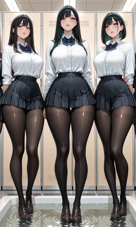 masterpiece, high quality, Three female college students,  different hairstyles, College Pleated Miniskirt Uniform, various bust sizes, viewers wash their bodies in shallow water, lined up in a row in the studio, Bright indoors, Blush, Glossy Black Tights_...