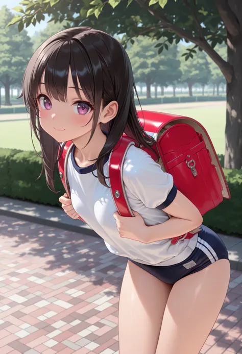 (masterpiece:1.2), 8k Resolution, high resolution, (1 cute girl), wearing navy buruma and short sleeve (white gym uniform with colored hem:1.0) and carrying (randoseru backpack:1.5), from front, beautiful girl leaning forward, Beautiful skin, Radiant Skin,...