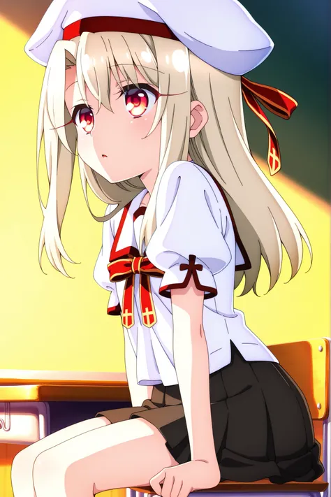 masterpiece, best quality, amazing quality, absurdres, highres,(anime screencap:1.4),solo, 1girl,illyasviel_von_einzbern , red eyes, long hair,homurahara academy school uniform, white shirt, short sleeves, red ribbon, pleated skirt, white beret,classroom ,...