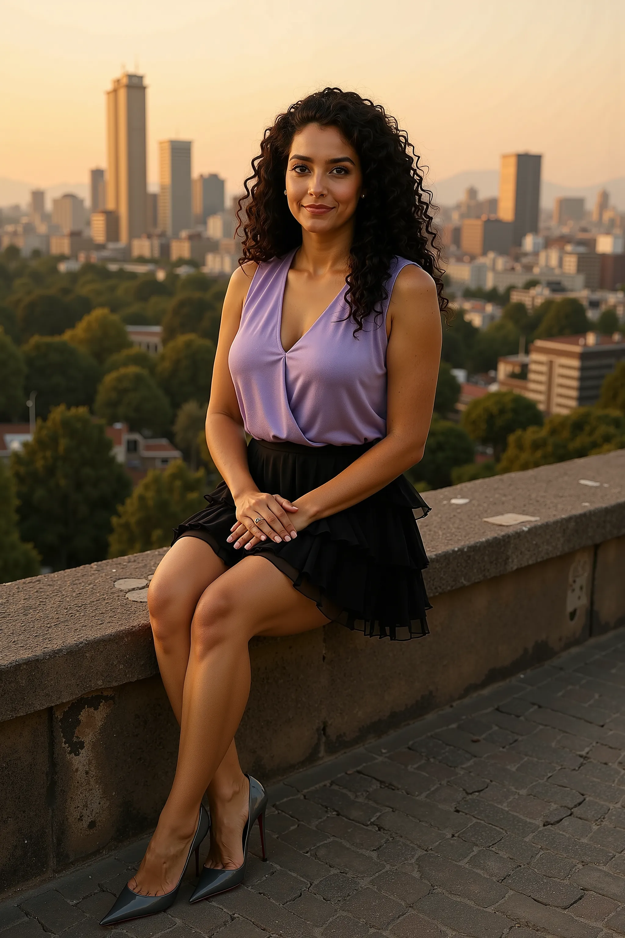 Shot from the distance, ultra-realistic full body shot, 9:16 vertical framing, DSLR fashion photography style, taken from a fully frontal angle.

A confident woman stands in the middle of Calle Madero in Mexico City during golden hour. The cobblestone pede...