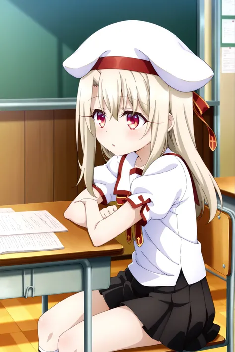 masterpiece, best quality, amazing quality, absurdres, highres,(anime screencap:1.4),solo, 1girl,illyasviel_von_einzbern , red eyes, long hair,homurahara academy school uniform, white shirt, short sleeves, red ribbon, pleated skirt, white beret,classroom ,...