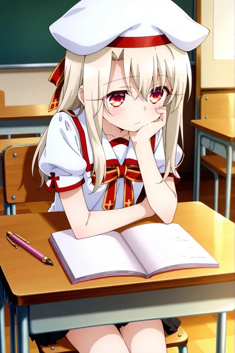 masterpiece, best quality, amazing quality, absurdres, highres,(anime screencap:1.4),solo, 1girl,illyasviel_von_einzbern , red eyes, long hair,homurahara academy school uniform, white shirt, short sleeves, red ribbon, pleated skirt, white beret,classroom ,...