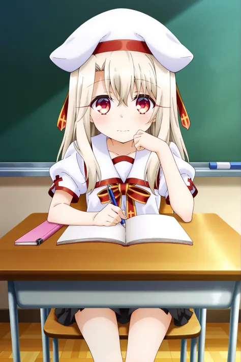 masterpiece, best quality, amazing quality, absurdres, highres,(anime screencap:1.4),solo, 1girl,illyasviel_von_einzbern , red eyes, long hair,homurahara academy school uniform, white shirt, short sleeves, red ribbon, pleated skirt, white beret,classroom ,...