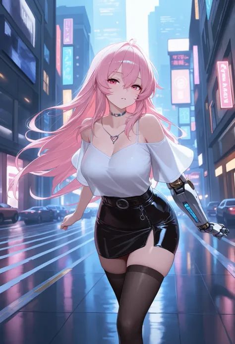 beautiful city,  cybernetics , girl with a mechanical arm, A blade holds a circle, A passionate and seductive, mystical fabric the mantle develops down the wind, and the shirt emphasizes her beautiful neckline, she is an invisible deity, with beautiful jac...