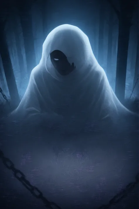 ghost; cold; zombie; spirit; Young guy; torn clothes; chained; many chains all over the body; an ethereal transparent ghostly body; many wounds and abrasions; in the hands of a voodoo doll and nails; dark mauve forest; creepy atmosphere; among graves in th...