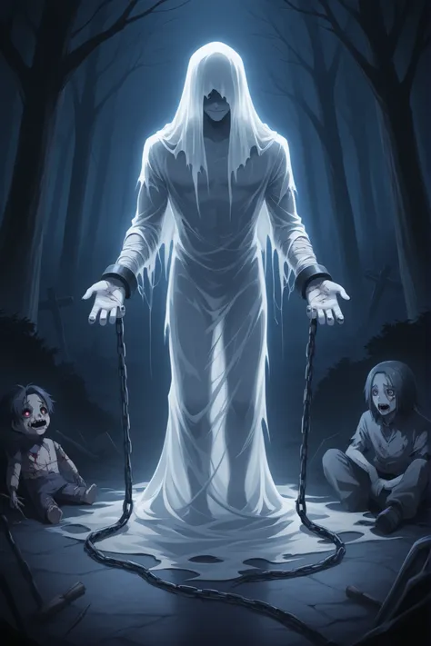 ghost; cold; zombie; spirit; Young guy; torn clothes; chained; many chains all over the body; an ethereal transparent ghostly body; many wounds and abrasions; in the hands of a voodoo doll and nails; dark mauve forest; creepy atmosphere; among graves in th...