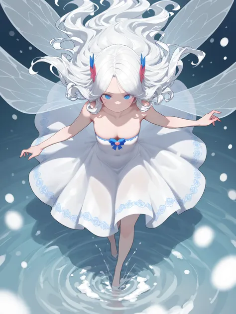 girl, snow-white fairy, steps as if floating above the water, her beautifully designed dress, curled hair strands, gorgeous grace and posture, masterpiece, best quality, high quality, intricate details, clearly, 8 k, masterpiece, highly detailed, 
