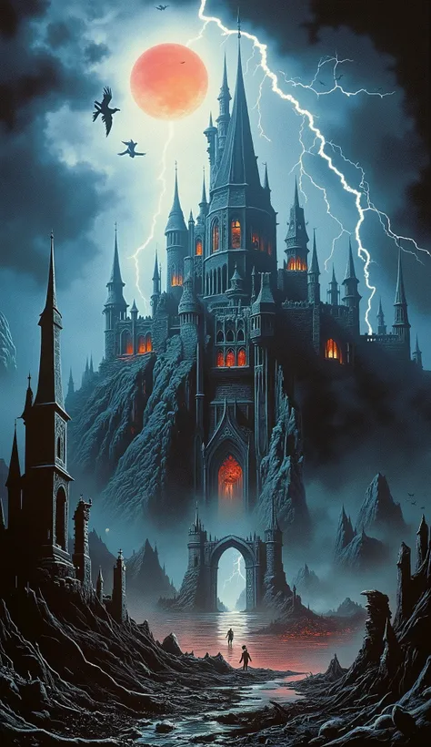 Dark fantasy wallpaper of a decaying gothic castle rising from a blackened wasteland. Thunderstorms churn above, casting flickering lightning over crumbling spires and shattered stained glass windows. The landscape is twisted and dead, littered with bones ...