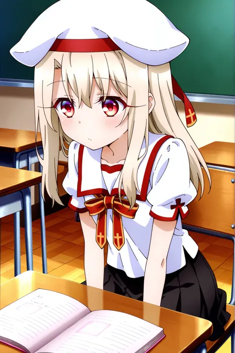 masterpiece, best quality, amazing quality, absurdres, highres,(anime screencap:1.4),solo, 1girl,illyasviel_von_einzbern , red eyes, long hair,homurahara academy school uniform, white shirt, short sleeves, red ribbon, pleated skirt, white beret,classroom ,...