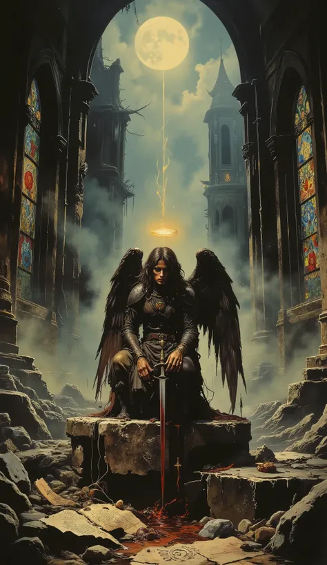 Dark fantasy wallpaper of a fallen angel kneeling in the ruins of a cathedral, shattered stained glass all around. Her wings are broken and darkened, feathers scorched and bleeding light. Her once-glowing halo flickers, cracked and unstable. She clutches a...