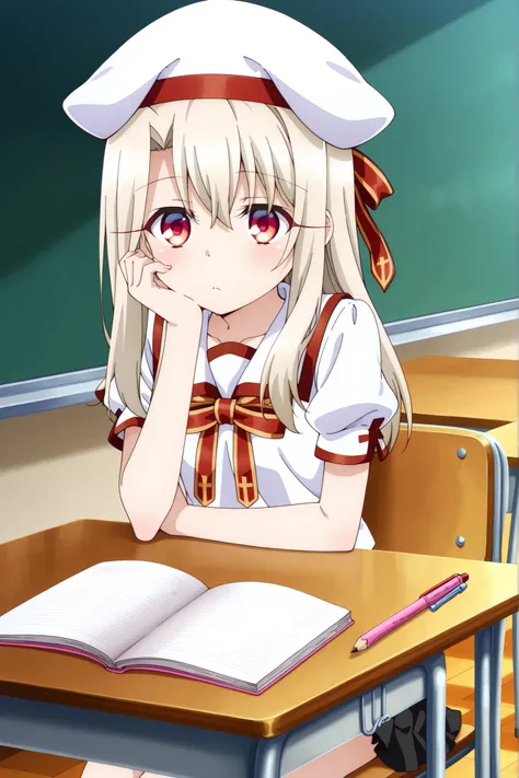 masterpiece, best quality, amazing quality, absurdres, highres,(anime screencap:1.4),solo, 1girl,illyasviel_von_einzbern , red eyes, long hair,homurahara academy school uniform, white shirt, short sleeves, red ribbon, pleated skirt, white beret,classroom ,...
