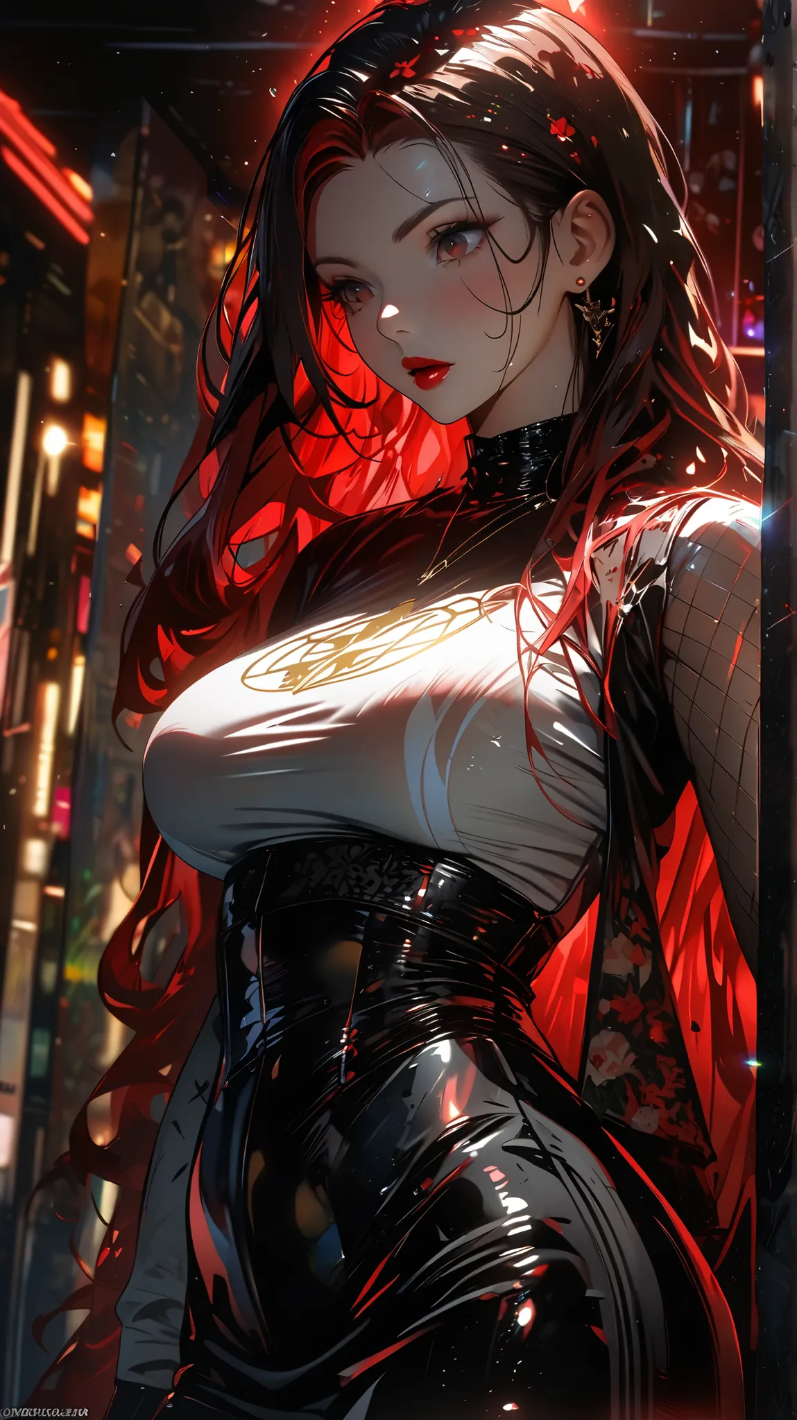 Mulher linda, sexy, gothic, corpo sedutor, aura vermelha. [[Fluorescent red hair on top of head]] Ruiva gostosa! red lips! Deusa! Carnuda! Fat body in the right places! athletic. Seios grandes. Thick and sexual waist! Full red hair from the top of her head...