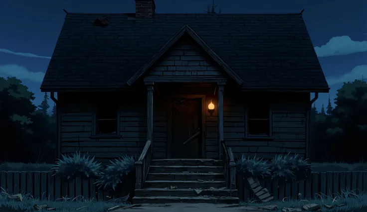 An anime-style illustration with cel-shading in a 90s aesthetic, viewed from outside a house at night, the door is partially broken and destroyed, the porch is weak and lit by a flickering light, with cracked wooden steps leading to a front yard overgrown ...