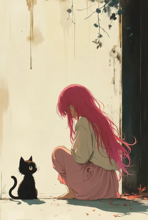 A sad anime girl with long magenta hair sits curled up, facing away with her arms hugging her knees. A small, cute black creature with big round eyes looks at her curiously. Their shadows on the ground form a playful cat shape, adding a touch of whimsy to ...