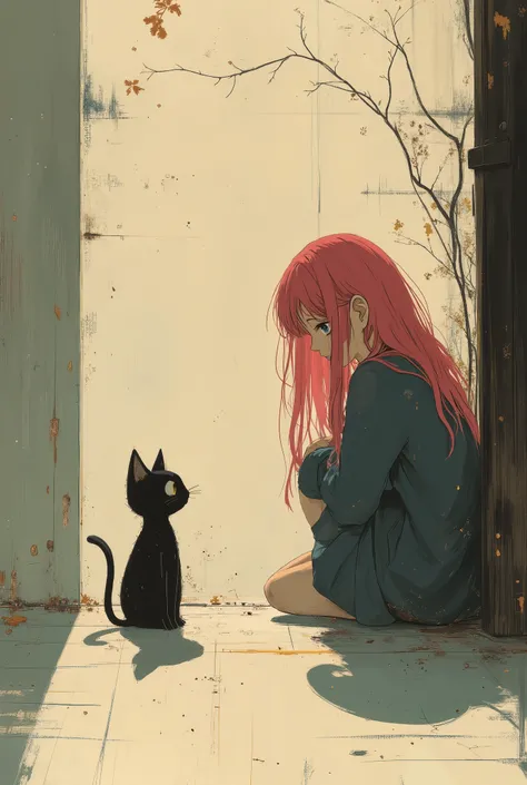 A sad anime girl with long magenta hair sits curled up, facing away with her arms hugging her knees. A small, cute black creature with big round eyes looks at her curiously. Their shadows on the ground form a playful cat shape, adding a touch of whimsy to ...