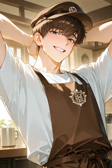 4K , 8k , only 1 man,Bright Brown pixie cut hair, Black eyes , ((Bangs style)) , short hair style , 25 years old , adult , Cafe staff, Barista, good focus ,body proportions , Anime Eyes , Nice body , Barista clothes, Barista Flat cap, male solo image ,...