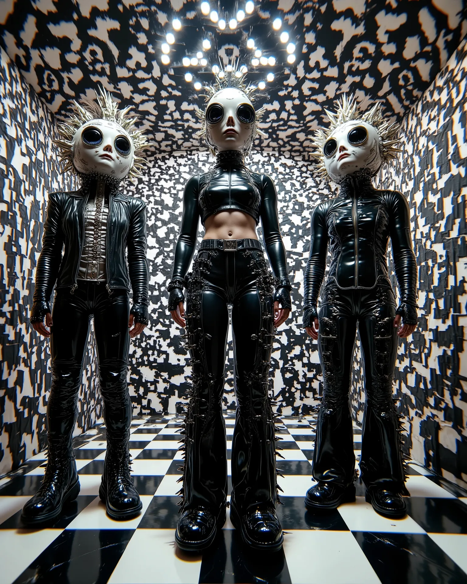 In an environment such as a checkerboard A surreal work that represents a Nordic woman fashion model standing. The beautiful punk metal woman wears black leather clothing and spikes with huge platform boots that combine intricate details with abstract and...