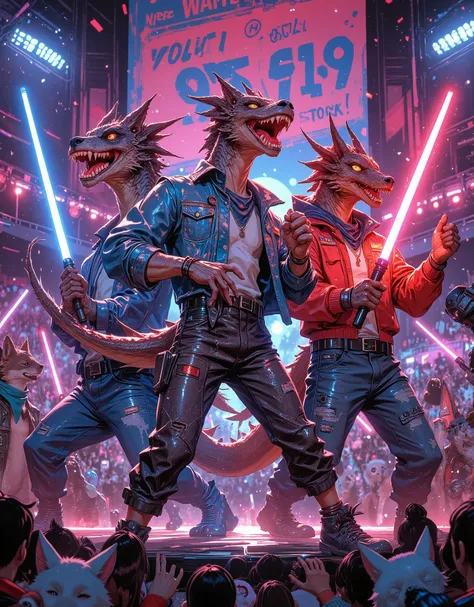 A vibrant K-pop group of 4 cheerful cartoon dragons wearing stylish stage outfits (glittery jackets, sequined jeans, bandanas). They’re dancing energetically on stage, but instead of microphones, they’re holding applause sticks (cheer batons), waving them ...