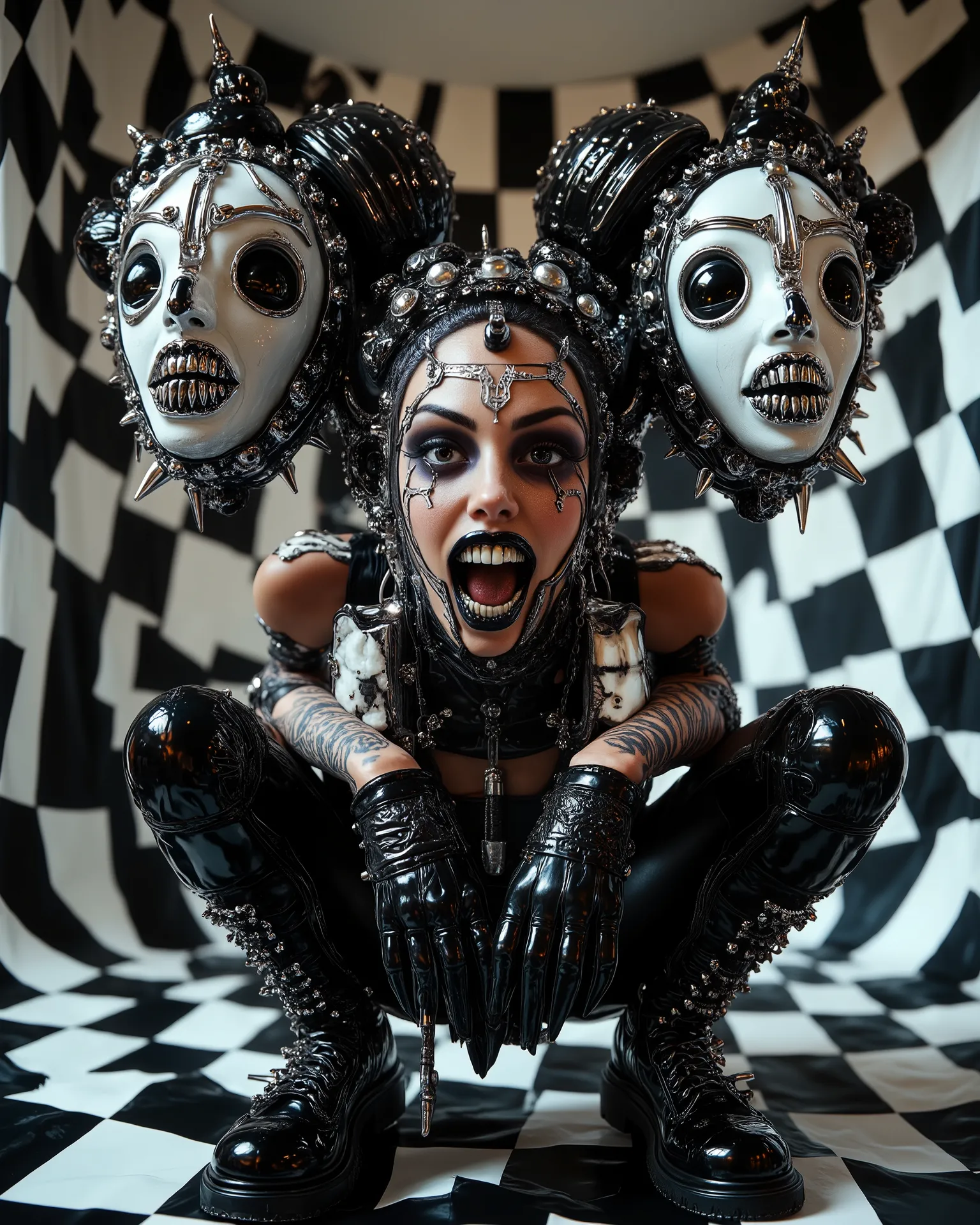 In an environment such as a checkerboard A surreal work that represents a Nordic woman fashion model. The beautiful punk metal woman with an angry grimace wears black leather clothing and spikes with huge platform boots that combine intricate details with...