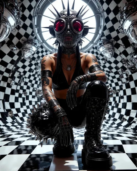In an environment such as a checkerboard A surreal work that represents a Nordic woman fashion model.  The beautiful punk metal woman wears black leather clothing and spikes with huge platform boots that combine intricate details with abstract and geometri...