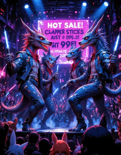 A vibrant K-pop group of 4 cheerful cartoon dragons wearing stylish stage outfits (glittery jackets, sequined jeans, bandanas). They’re dancing energetically on stage, but instead of microphones, they’re holding applause sticks (cheer batons), waving them ...
