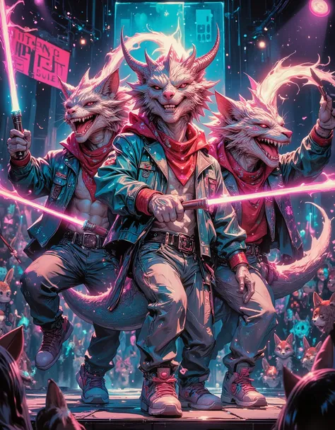 A vibrant K-pop group of 4 cheerful cartoon dragons wearing stylish stage outfits (glittery jackets, sequined jeans, bandanas). They’re dancing energetically on stage, but instead of microphones, they’re holding applause sticks (cheer batons), waving them ...
