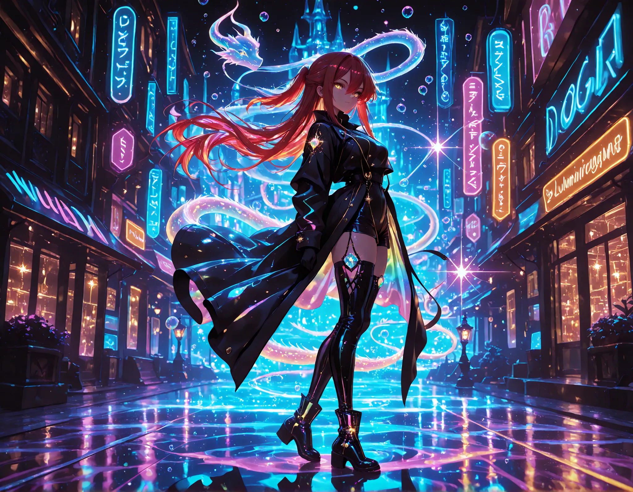 1 girl , golden eyes , very long hair , long sidelocks, red hair ,half updo, petite , very cute , beautiful ,Straight hair, cool, handsome, hair between eyes, sexy, medium breasts, neon color fashion outfit, coat,, high boots
walking,((( floating clothes,f...